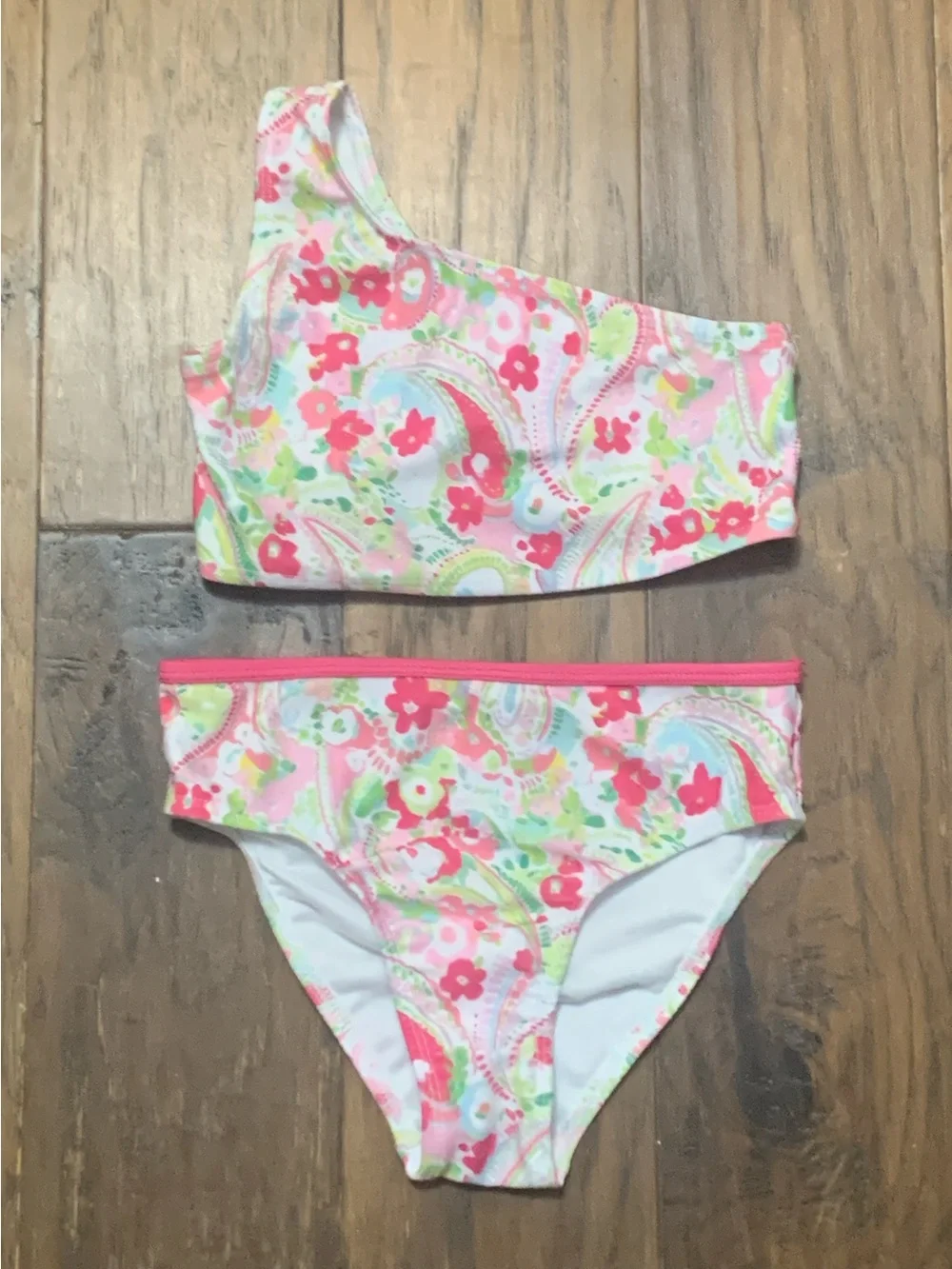 Floral One-Shoulder Bikini Set in Pink and Lime Green